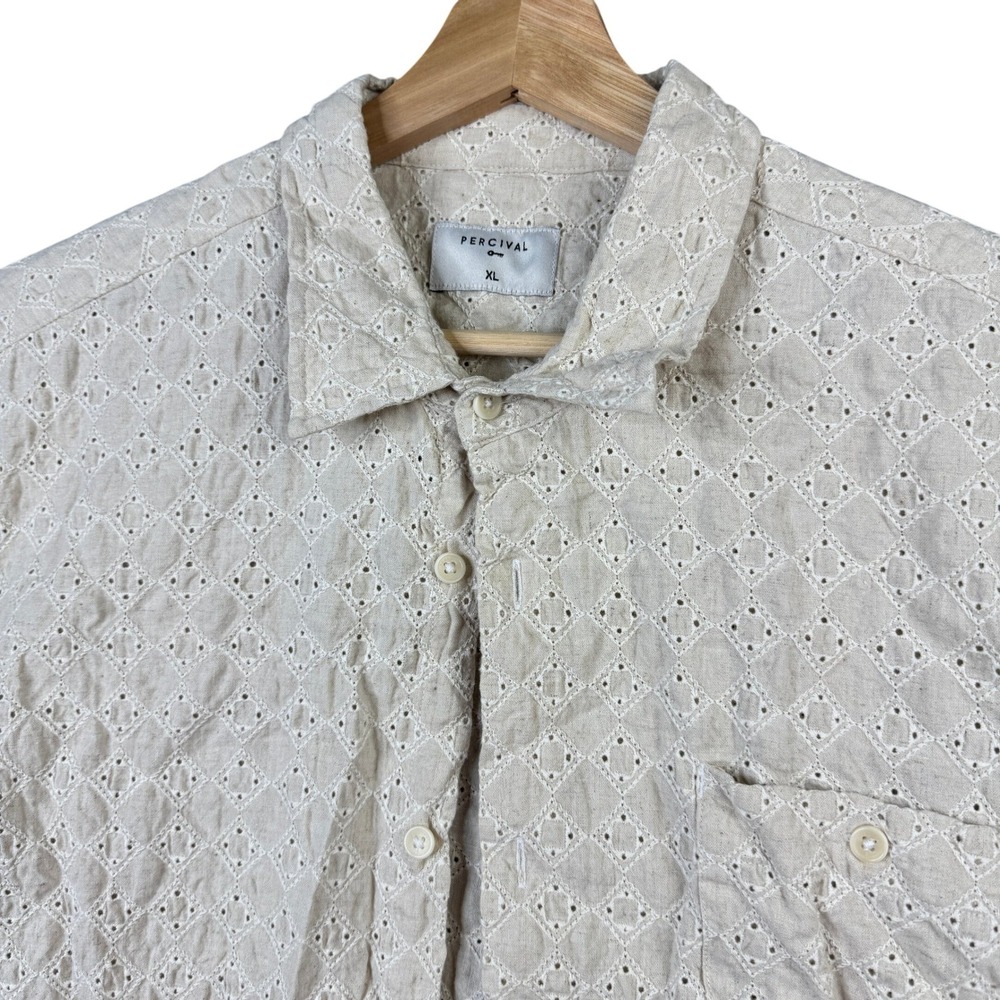 Percival Mens XL Beige Cotton Linen Eyelet Diamond Short Sleeve Button Up Shirt